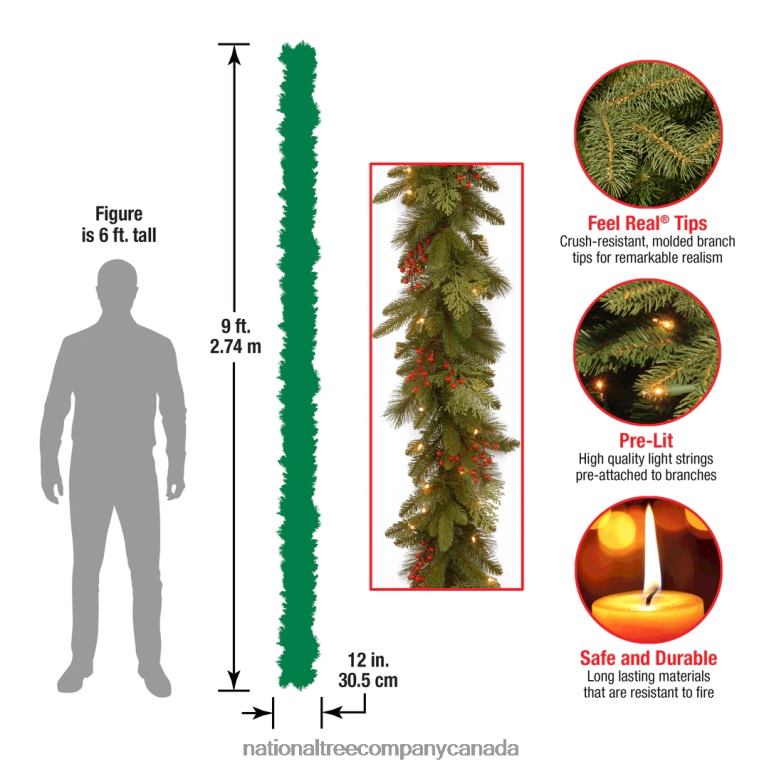 National Tree Company Pre-Lit \Feel Real\ Artificial Christmas Garland Green Classical White Lights Decorated With Berry Clusters Plug In Christmas Collection 9 Feet 68R08328