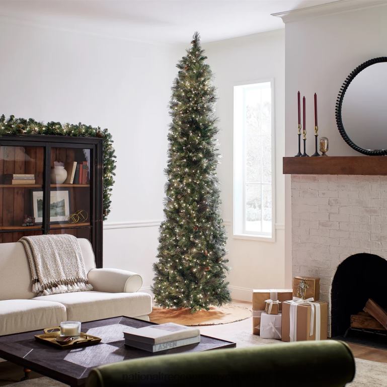 National Tree Company Pre-Lit \Feel Real\ Artificial Giant Christmas Tree Green Carolina Pine White Lights Flocked with Pine Cones Includes Stand 10 feet 68R08160