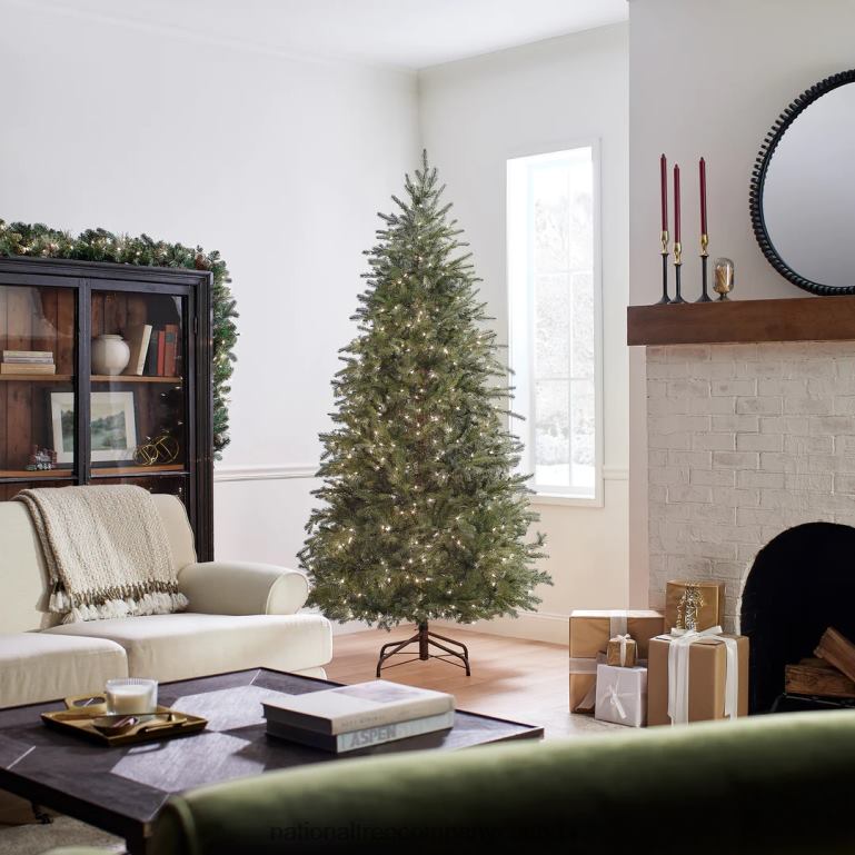 National Tree Company Pre-Lit \Feel Real\ Artificial Slim Christmas Tree Green Nordic Spruce White Lights Includes Stand 75 feet 68R089