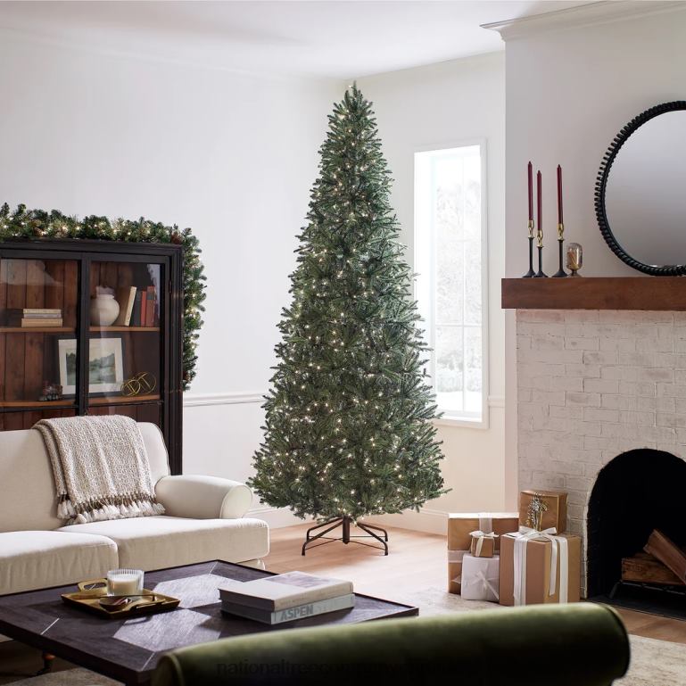 National Tree Company Pre-Lit \Feel Real\ Artificial Slim Christmas Tree Green Tiffany Fir White Lights Includes Stand 9 Feet 68R08139