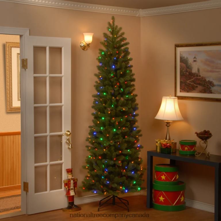 National Tree Company Pre-Lit \Feel Real\ Artificial Slim Downswept Christmas Tree Green Douglas Fir Dual Color LED Lights Includes PowerConnect and Stand 75 feet 68R081