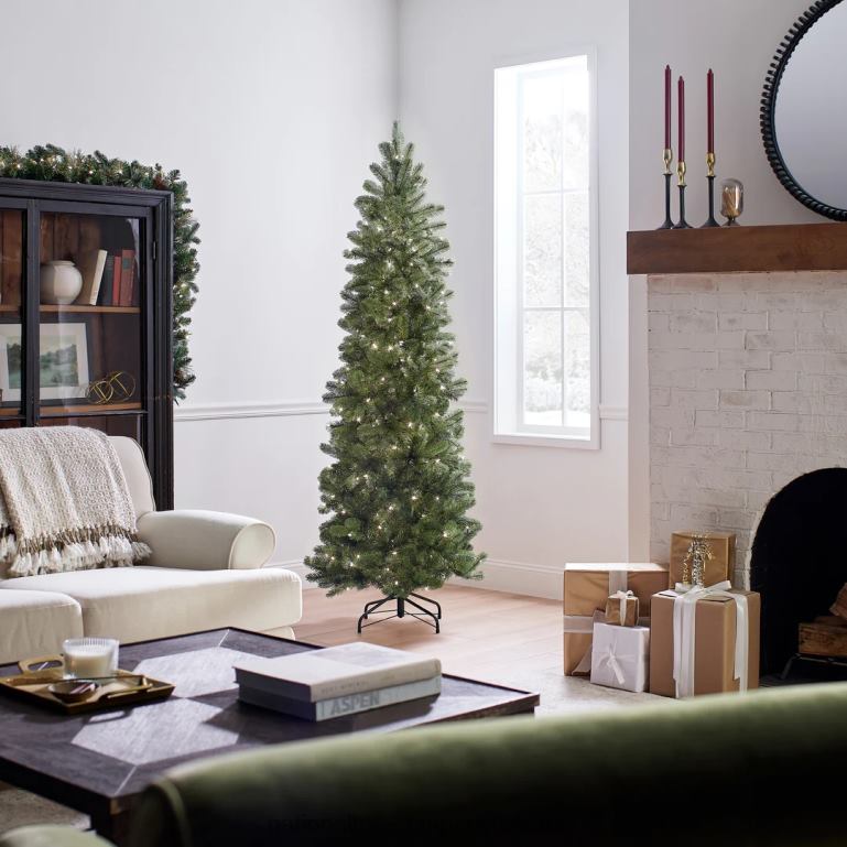National Tree Company Pre-Lit \Feel Real\ Artificial Slim Downswept Christmas Tree Green Douglas Fir White Lights Includes Stand 65 feet 68R0866