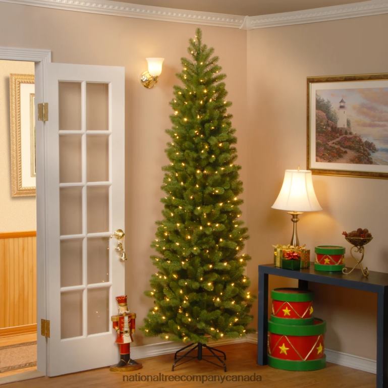 National Tree Company Pre-Lit \Feel Real\ Artificial Slim Downswept Christmas Tree Green Douglas Fir White Lights Includes Stand 75 feet 68R0811