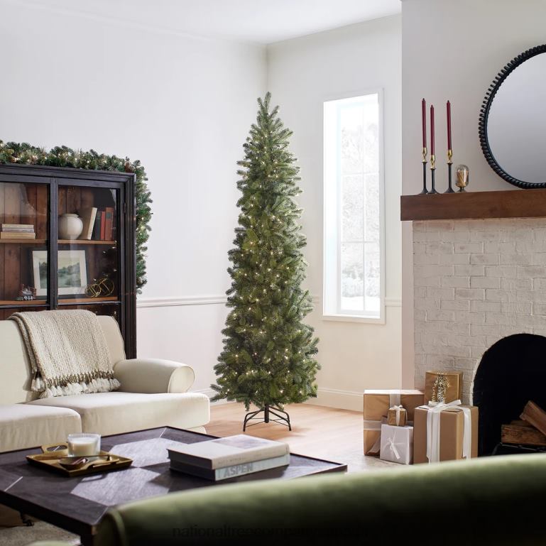 National Tree Company Pre-Lit \Feel Real\ Artificial Slim Downswept Christmas Tree Green Douglas Fir White Lights Includes Stand 75 feet 68R0811