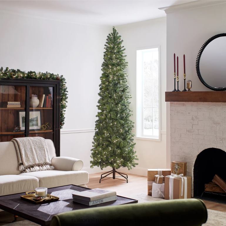 National Tree Company Pre-Lit \Feel Real\ Artificial Slim Downswept Christmas Tree Green Douglas Fir White Lights Includes Stand 9 Feet 68R0814