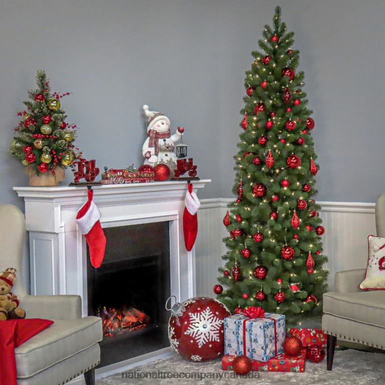 National Tree Company Pre-Lit \Feel Real\ Artificial Slim Downswept Christmas Tree Green Douglas Fir White Lights Includes Stand 9 Feet 68R0814