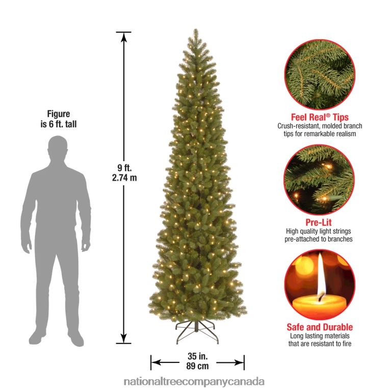 National Tree Company Pre-Lit \Feel Real\ Artificial Slim Downswept Christmas Tree Green Douglas Fir White Lights Includes Stand 9 Feet 68R0814