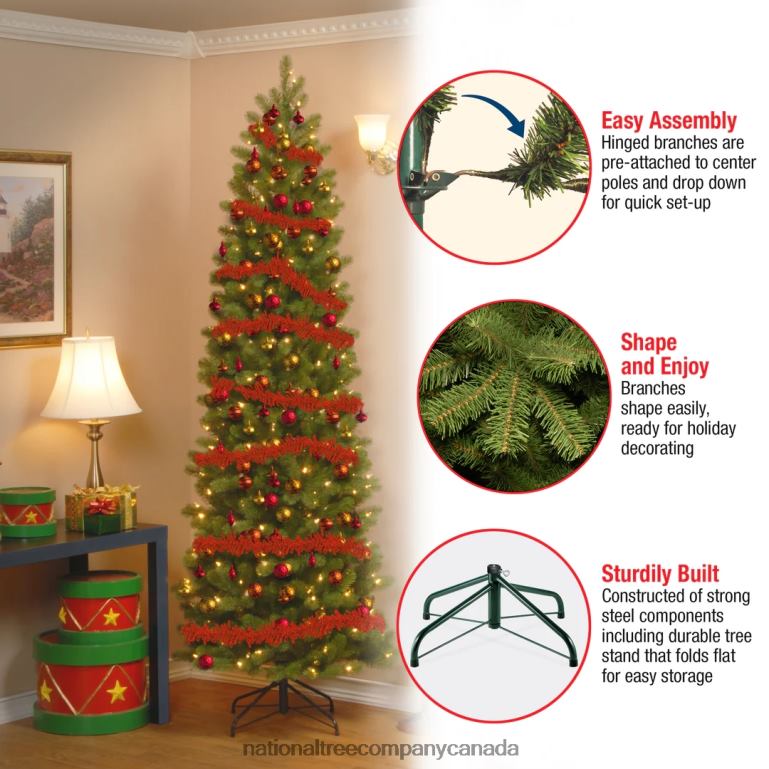 National Tree Company Pre-Lit \Feel Real\ Artificial Slim Downswept Christmas Tree Green Douglas Fir White Lights Includes Stand 9 Feet 68R0814