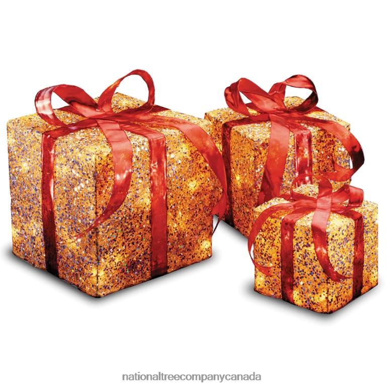 National Tree Company Pre-Lit Red and Gold Gift Boxes Set of Three White Lights Christmas Collection 68R08603