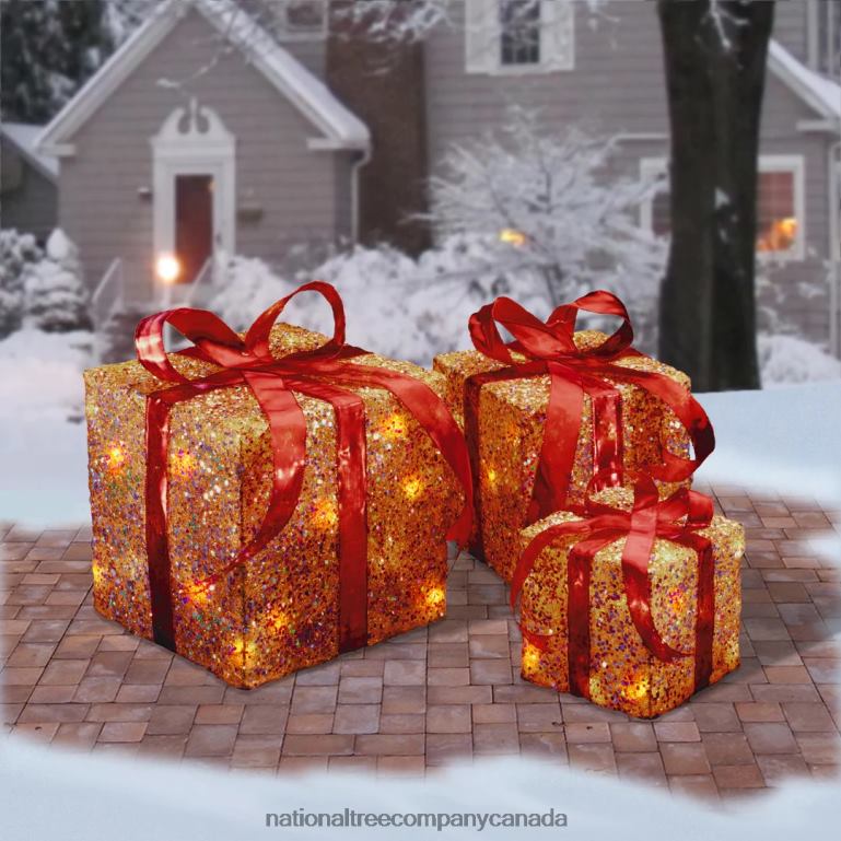 National Tree Company Pre-Lit Red and Gold Gift Boxes Set of Three White Lights Christmas Collection 68R08603