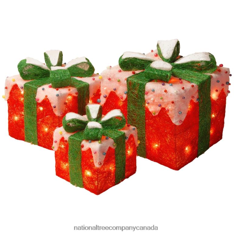 National Tree Company Pre-Lit Red and White Gift Boxes Set of Three White Lights Christmas Collection 68R08600