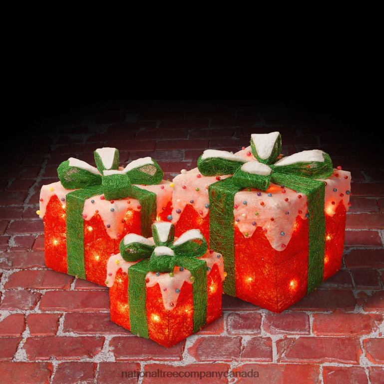 National Tree Company Pre-Lit Red and White Gift Boxes Set of Three White Lights Christmas Collection 68R08600