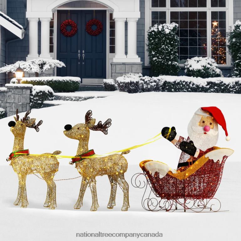 National Tree Company Pre Lit Santa and Reindeer Decoration Includes Santa Two Reindeer Prestrung with 225 Warm White LED Lights Battery Powered Christmas Collection 33 Inches 68R08644