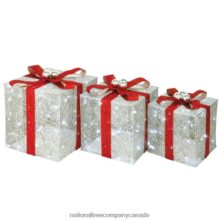 National Tree Company Pre-Lit Silver Gift Boxes Set of Three White Lights Christmas Collection 68R08629