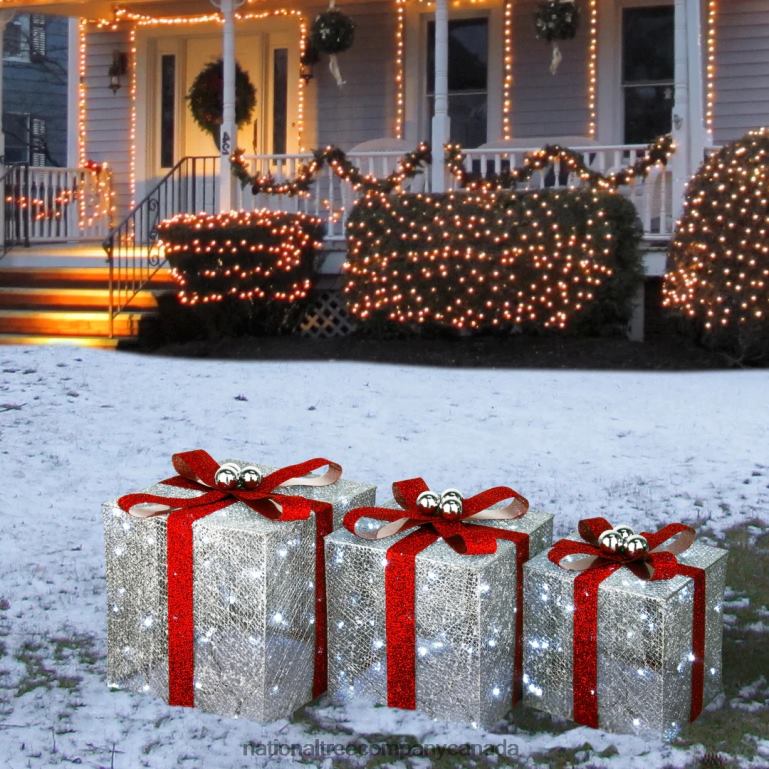 National Tree Company Pre-Lit Silver Gift Boxes Set of Three White Lights Christmas Collection 68R08629