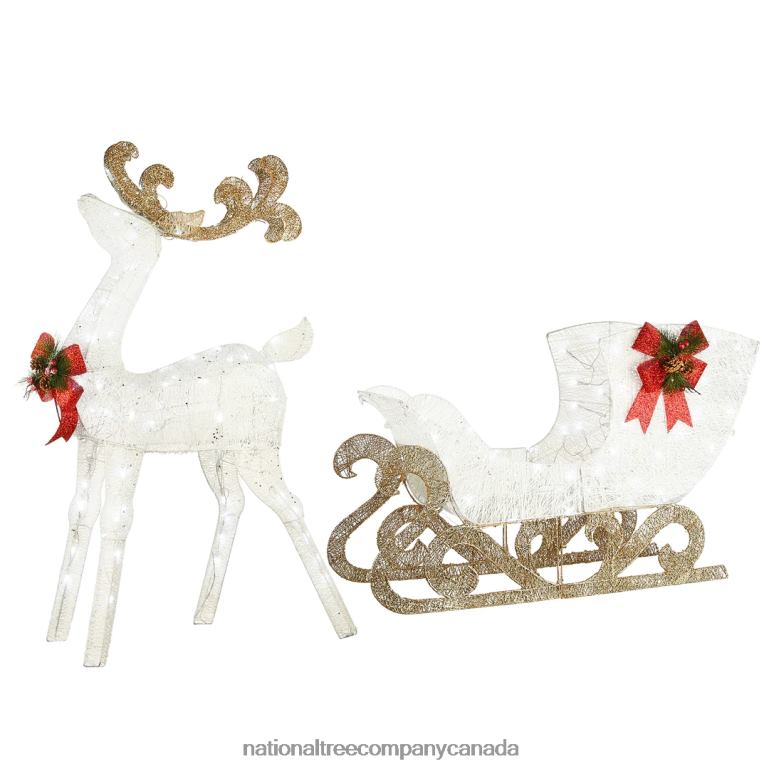 National Tree Company Pre Lit Sisal Reindeer and Sleigh Decoration Cool White LED Lights Plug In Christmas Collection 48 Inches 68R08621