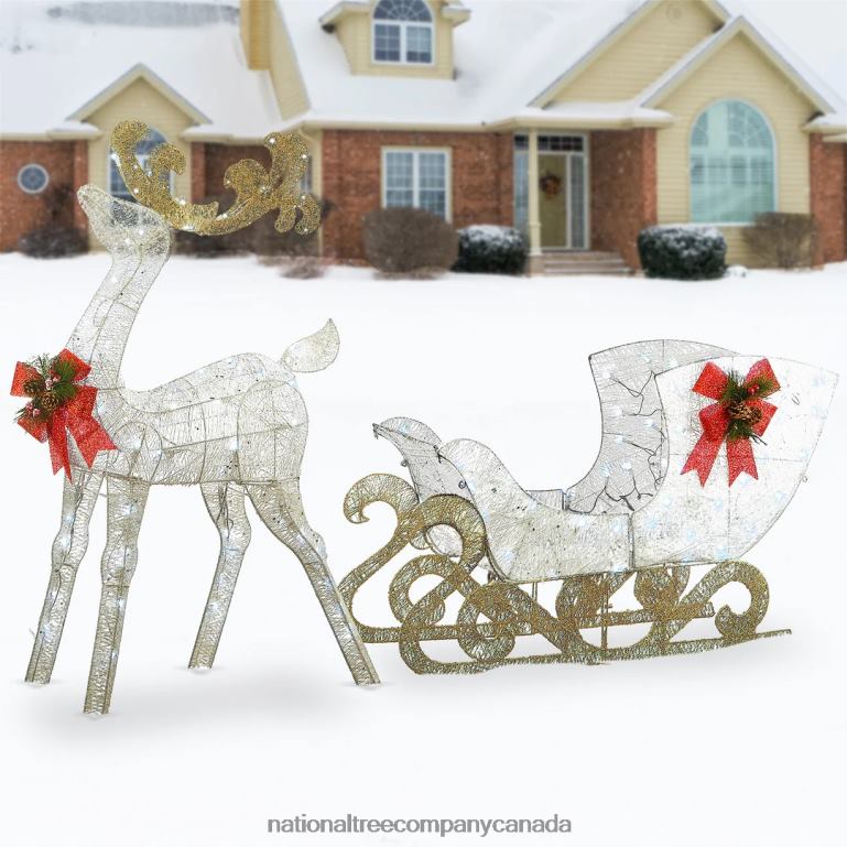 National Tree Company Pre Lit Sisal Reindeer and Sleigh Decoration Cool White LED Lights Plug In Christmas Collection 48 Inches 68R08621