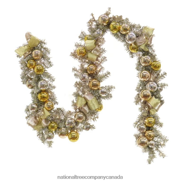 National Tree Company Pre Lit Artificial Garland, Metallic, Gold, Decorated with Gold and Silver Ball Ornaments, Golden Bows, Warm White LED Lights, Battery Powered, Christmas Collection, 9 Feet 68R08