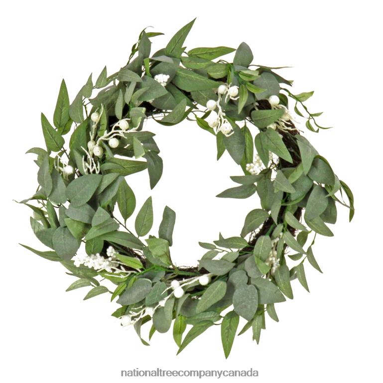 National Tree Company Artificial Mixed Green Leaves Christmas Wreath, Decorated with White Berry Clusters, Woven Branch Base, 24 in 68R08320