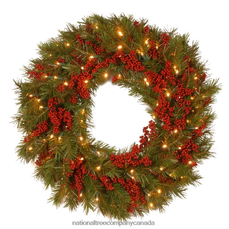 National Tree Company Pre-Lit Artificial Christmas Wreath, Green, Valley Pine, White Lights, Decorated with Berry Clusters, Christmas Collection, 24 Inches 68R08315
