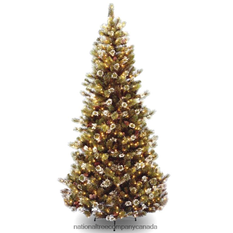 National Tree Company Pre-Lit Artificial Slim Christmas Tree, Green, Glittery Bristle Pine, White Lights, Flocked with Pine Cones, Frosted Branches, Includes Stand, 7.5 Feet 68R08203