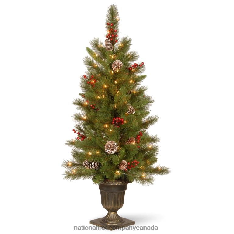 National Tree Company Pre-Lit Artificial Entrance Christmas Tree, Bristle Berry Pine, Green, White Lights, Decorated with Berry Clusters, Pine Cones, Includes Metal Base, 4 Feet 68R08151